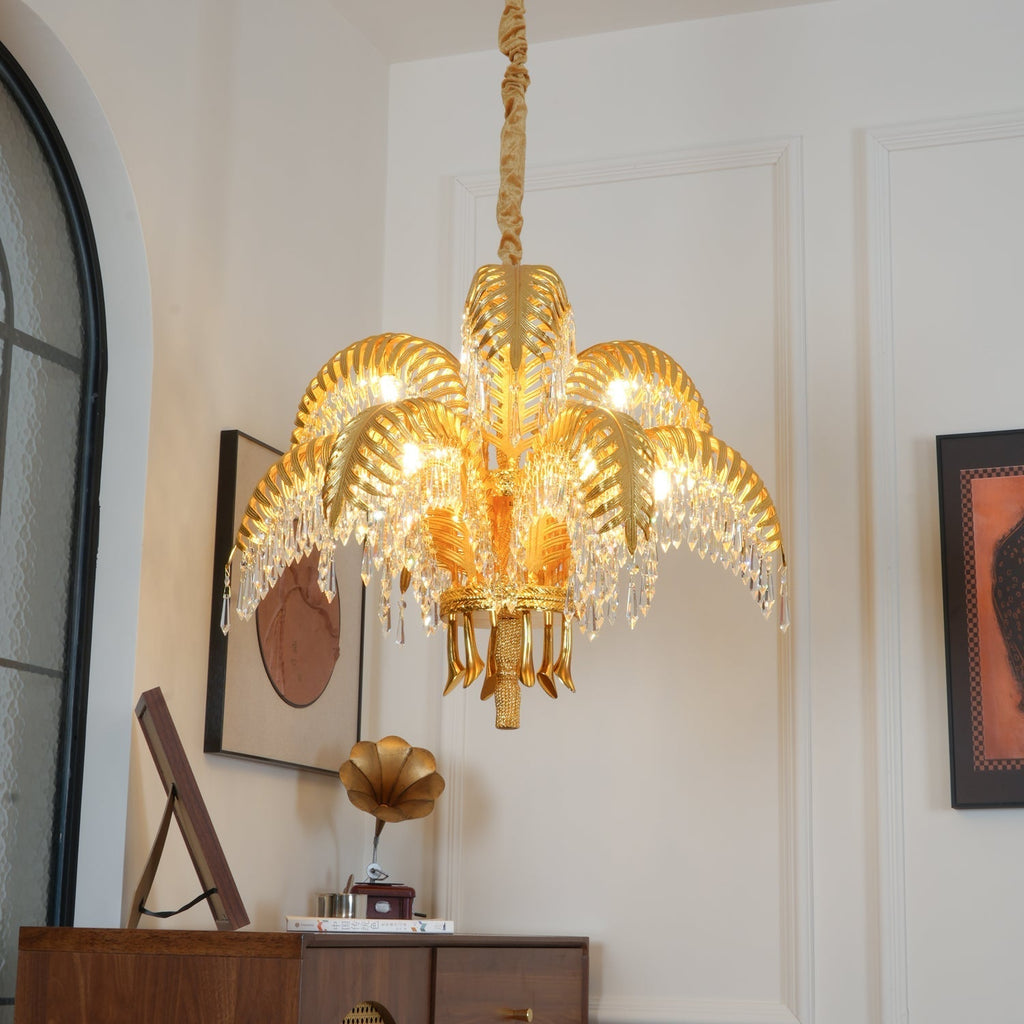 Brass Palm Leaf Crystal Chandelier Chandelier
