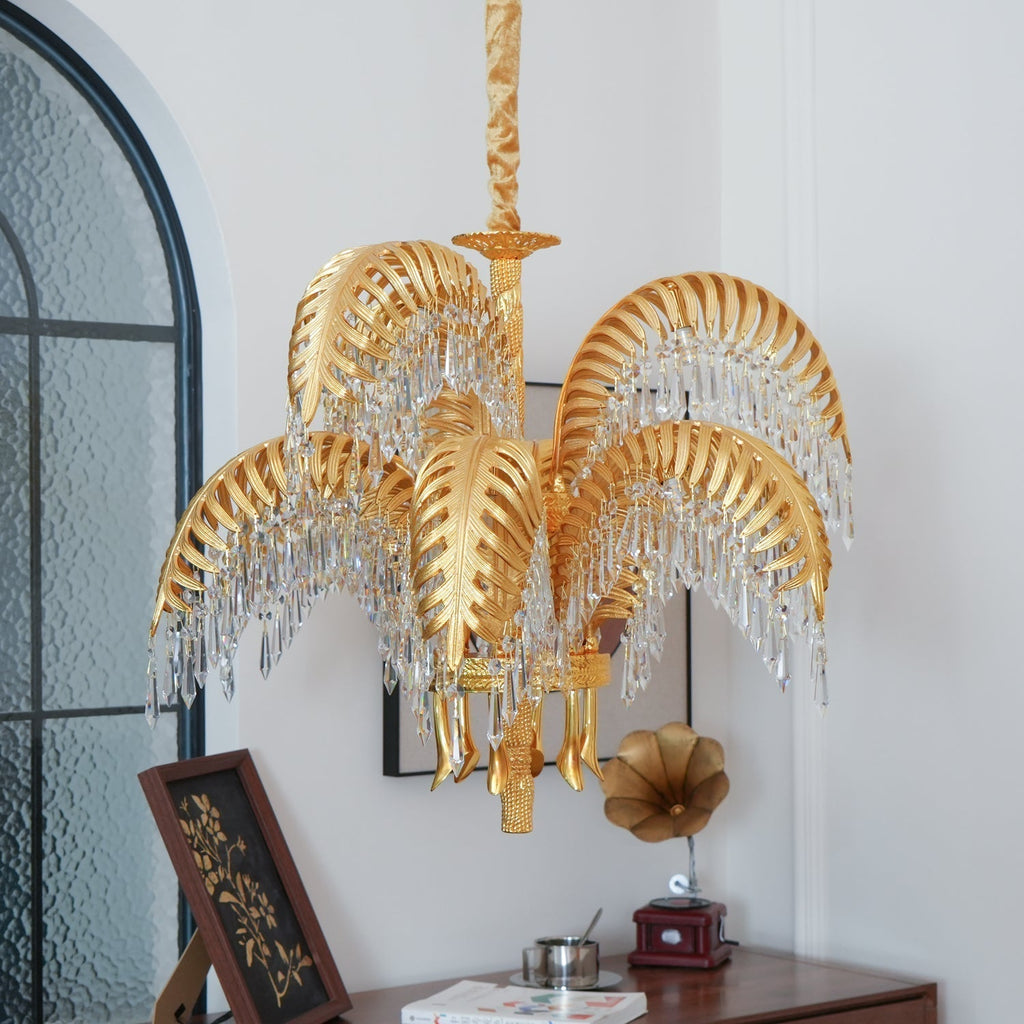 Brass Palm Leaf Crystal Chandelier Chandelier