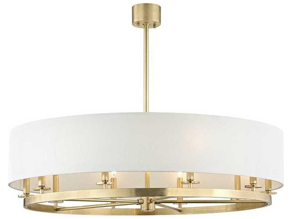 Hudson Valley Durham 10-Light Aged Brass Candelabra Drum Chandelier with Off White Shade product view